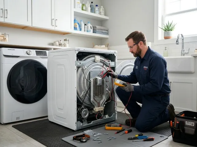 Appliance Repair Hero technician checking a dryer heating element with the rear panel off in Atkinson, NH
