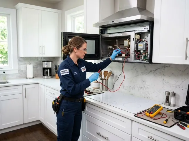 Appliance Repair Hero technician testing an over-the-range microwave in a Atkinson, NH kitchen