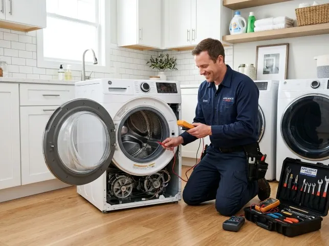 Appliance Repair Hero technician testing a front-load washer with a multimeter on a Atkinson, NH service call